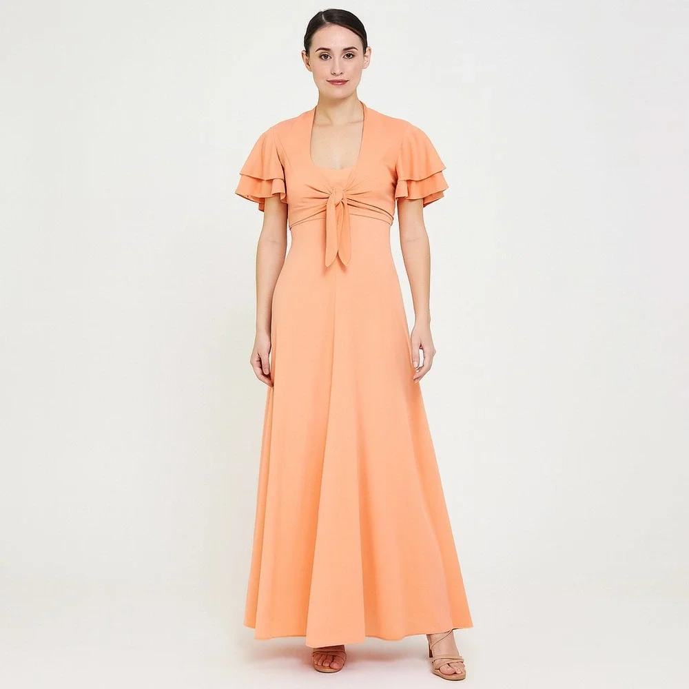 Vintage 70s Peach Maxi Halter Dress w/ Matching Ruffle Sleeve Crop Bolero Jacket